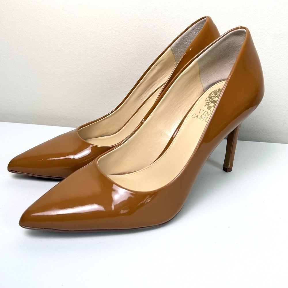 Vince Camuto Women's Savilla Leather 7M Caramel Patent 4" heel Dress Pumps Shoes - Picture 4 of 10